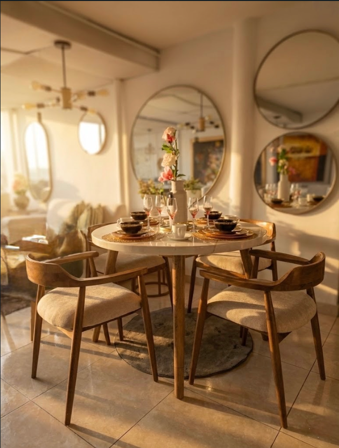 Comedor Redondo en Madera Flor Morado - Diseño Orgánico con Sillas Ergonómicas