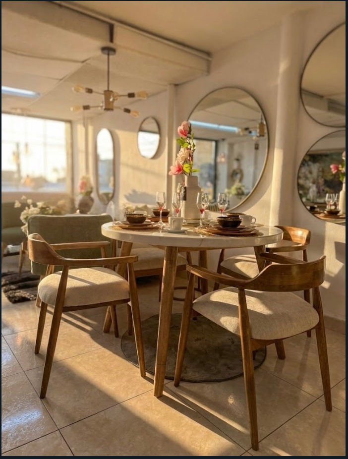 Comedor Redondo en Madera Flor Morado - Diseño Orgánico con Sillas Ergonómicas