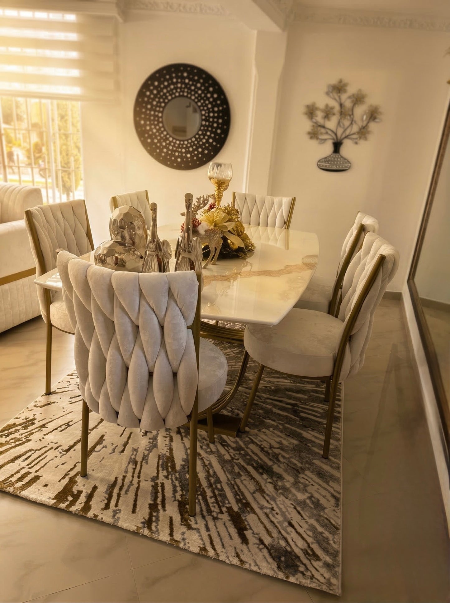 Comedor Spazio 6 Puestos - Metal Dorado Tapizado Lino Frío | My Sofá