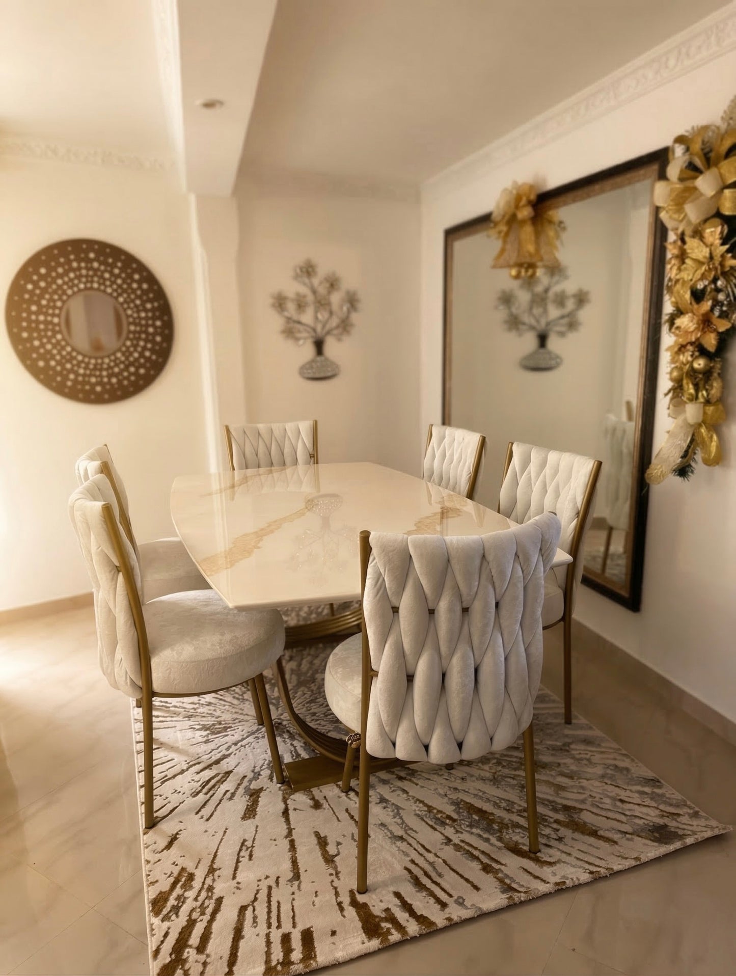 Comedor Spazio 6 Puestos - Metal Dorado Tapizado Lino Frío | My Sofá