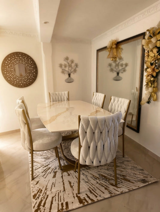 Comedor Spazio 6 Puestos - Metal Dorado Tapizado Lino Frío | My Sofá
